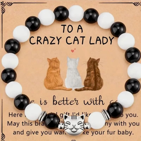 Beaded Bracelet with Cat Head Charm for a Crazy Cat Lady