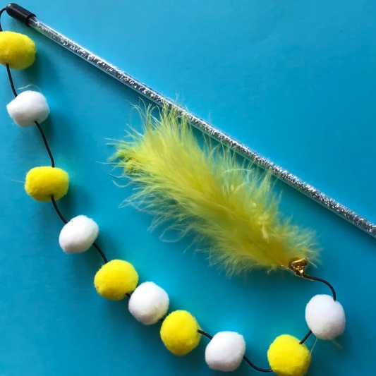 Wand Toy with fluffy pompom balls and feathers