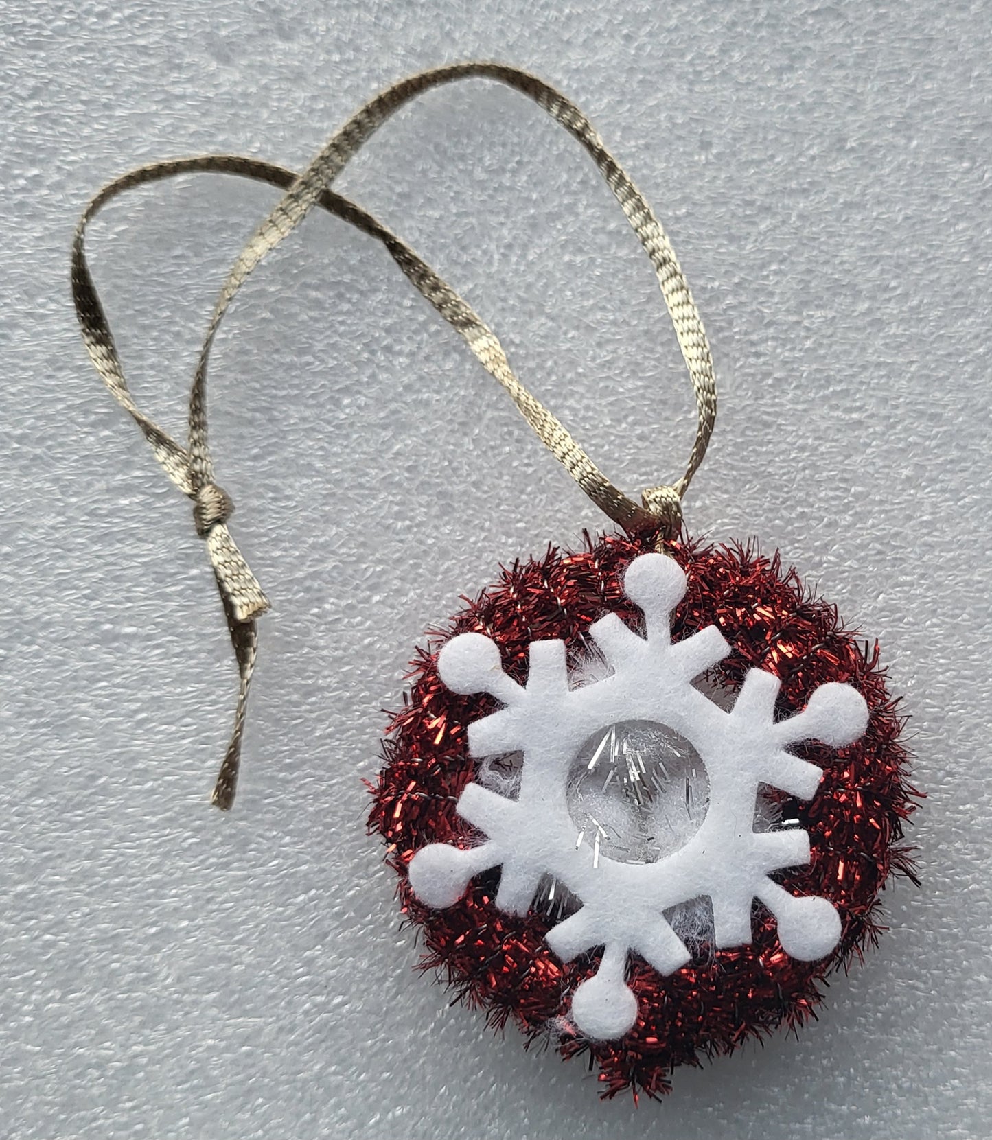 Hand Crafted Red and White Snowflake Tinsel Christmas Tree Decoration