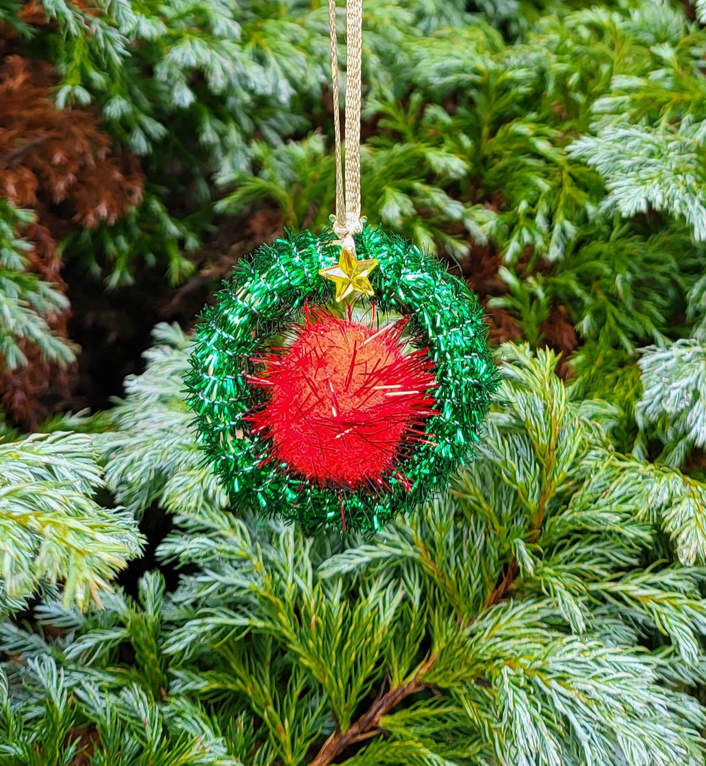 Hand Crafted Green Tinsel Christmas Tree Decoration