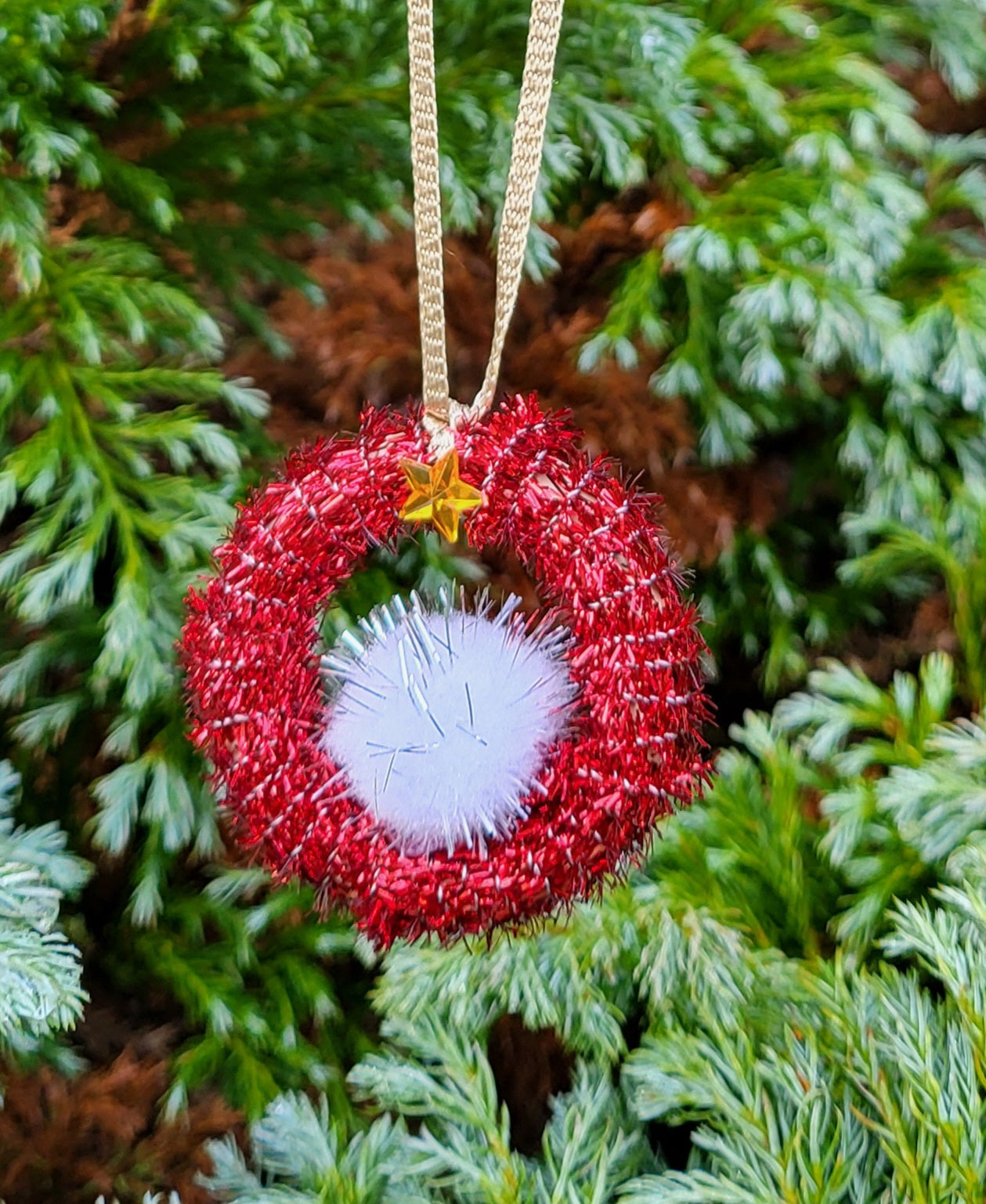 Hand Crafted Red Tinsel Christmas Tree Decoration