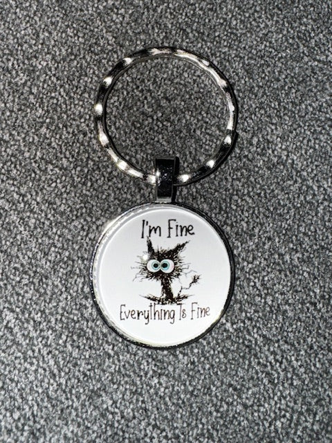 Round keyring - I'm fine everything is fine spooked cat