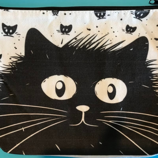 Make Up Bag  waxed canvas with black cat faces