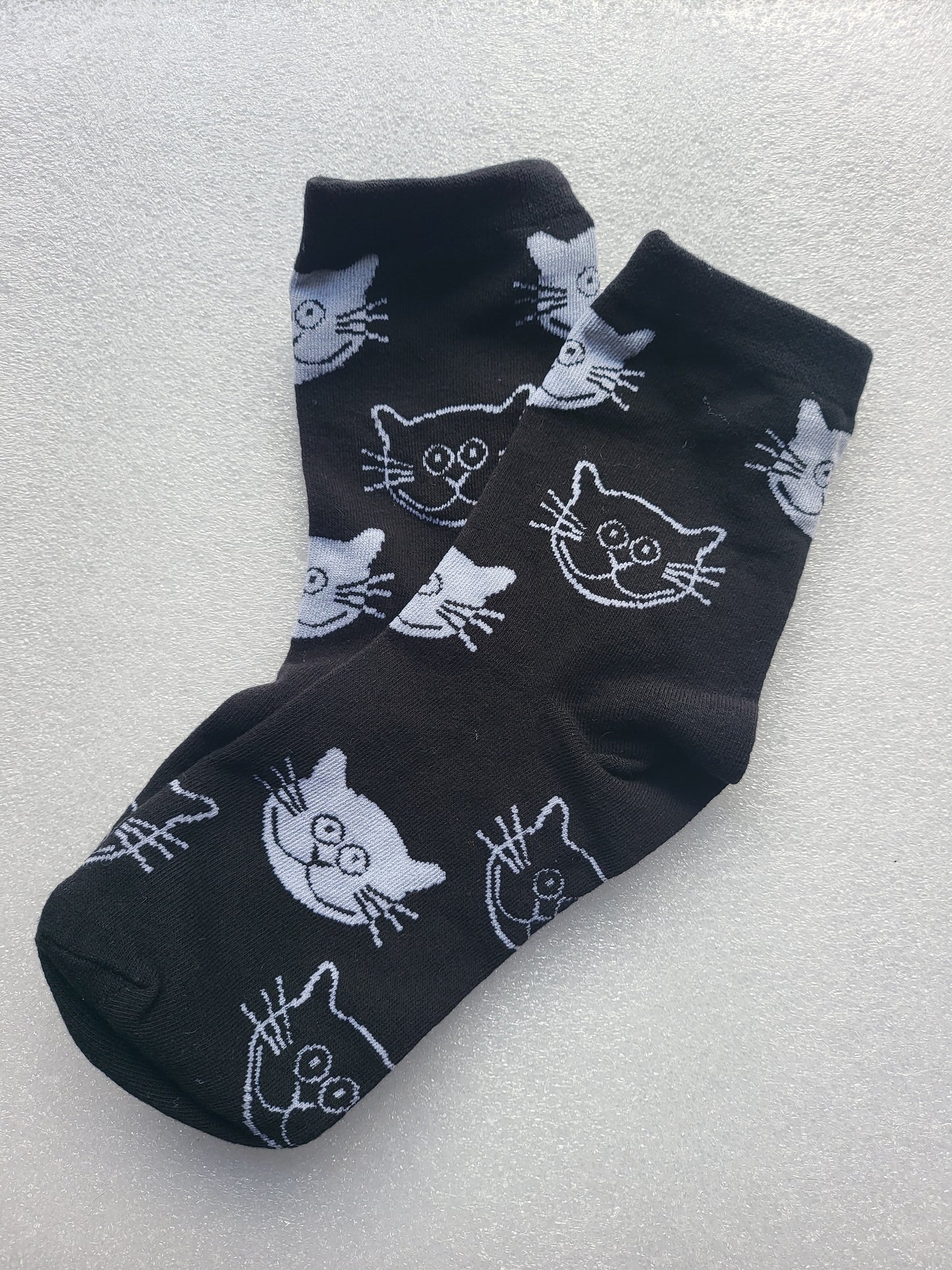 Ankle Sock Black with Black and White Cat Faces