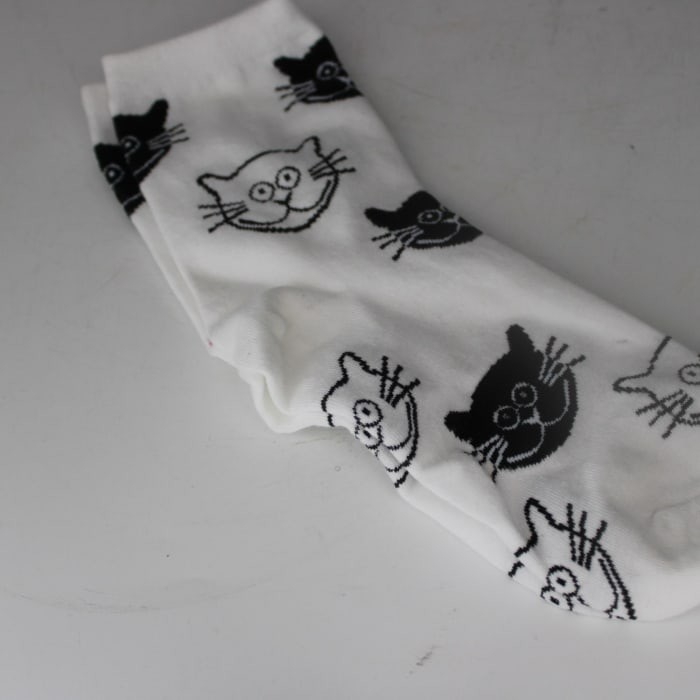 Ankle Sock White with Black and White Cat Faces