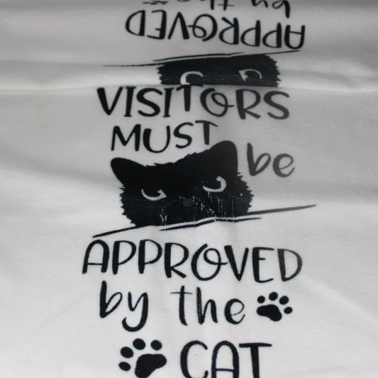 Tea Towel white with black cat and Visitors must be approved by the cat