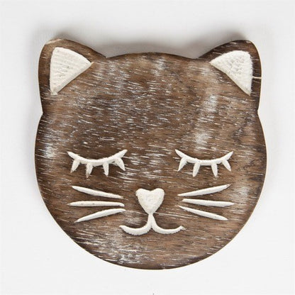 Wooden Brown Carved Cat Coaster - Set of 6